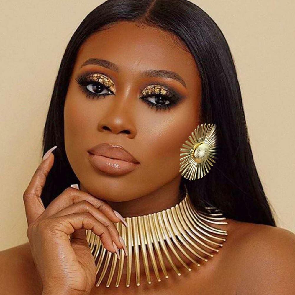 Africa Necklaces Jewelry Set Gold Color Metal Big Exaggerated Torque Choker Necklace Earrings Set Jewelry African Steampunk 2022