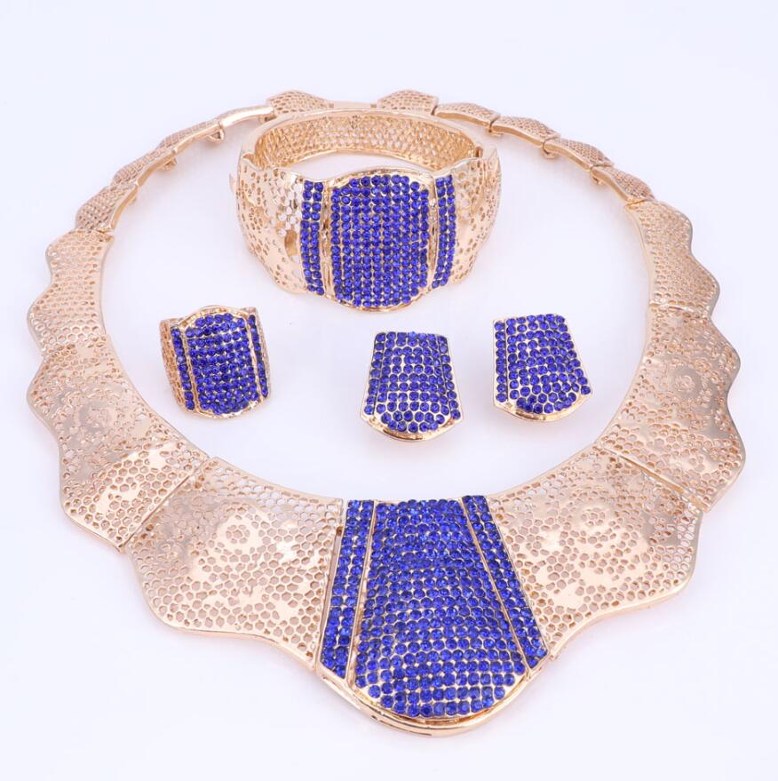 African Gold Color Nigerian Wedding African Beads Jewelry Set Blue Brown Red Crystal Jewelry Sets Bracelet Earring Ring Jewelry