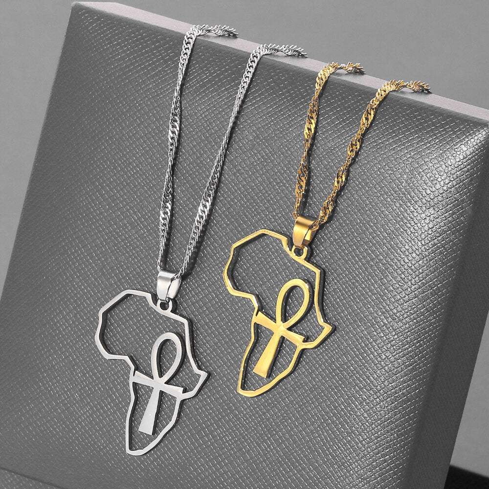 African Map &Ankh Cross Pendant Necklace Africa Egypt Nile Key Traditional Ethnic Gift Stainless Steel Jewelry