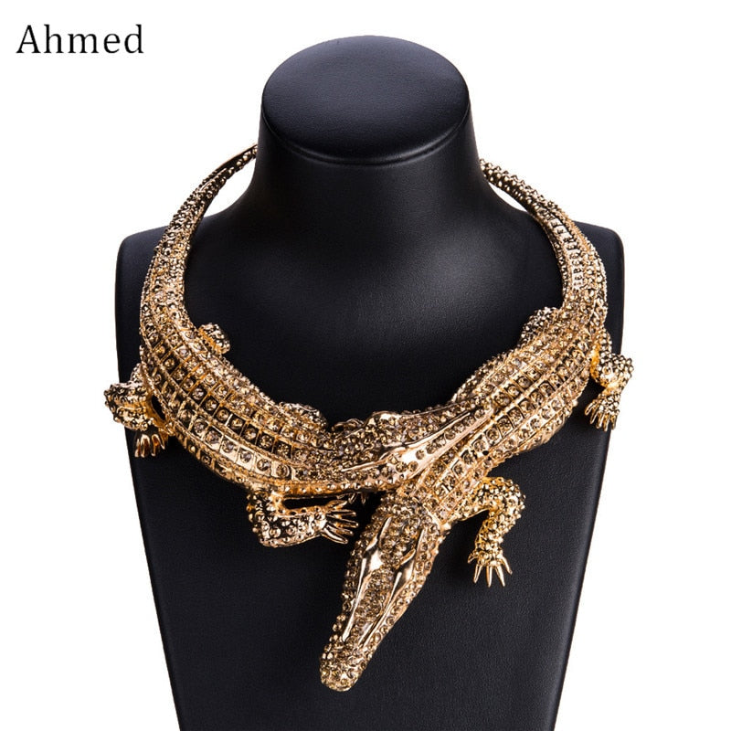 Ahmed Design Exaggerated Punk Full Rhinestone Crocodile Necklace for Women Trend Statement Necklace Collar Bijoux