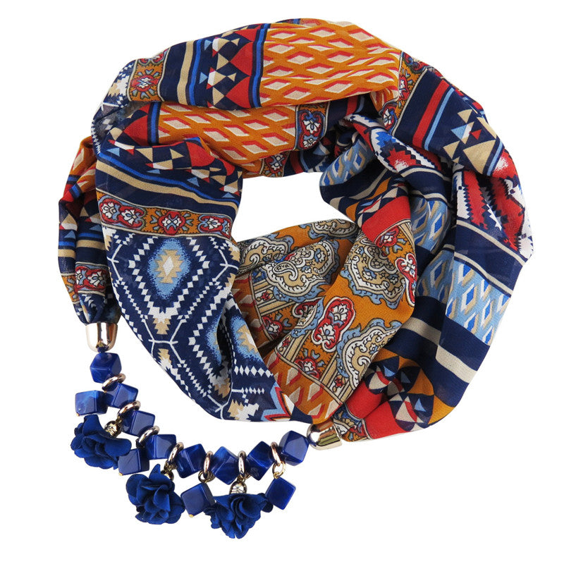 New Geometric Beads Necklaces Printing Flowers Pattern Wrap Chiffon Statement Scarf Necklace For Women Bohemian Jewelry