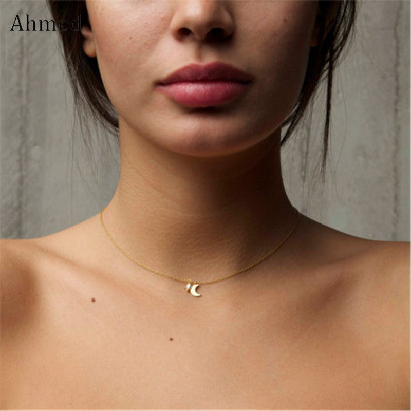 Simple Imitation pearls & Moon Pendant Necklace For Women New Bijoux Maxi Gold Chain Collier Fashion Jewelry