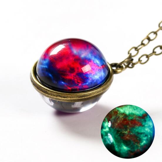 Ahmed Unisex Glow In The Dark Moon Necklace Galaxy Planet Glass Cabochon Pendant Necklace Vintage Luminous Jewelry Women Gifts