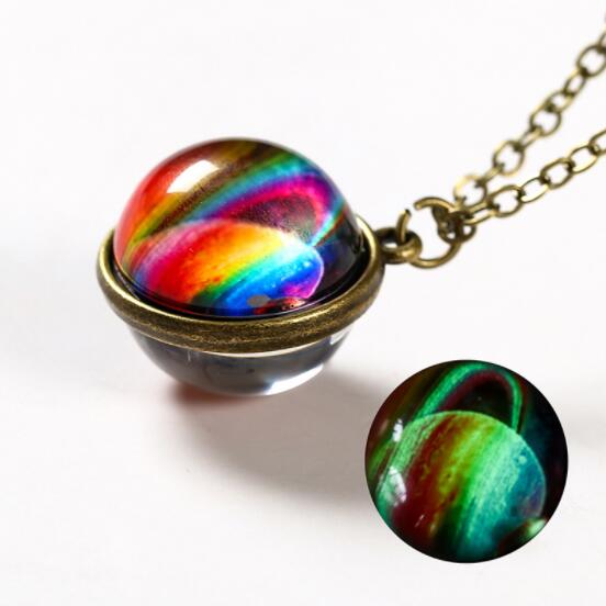 Ahmed Unisex Glow In The Dark Moon Necklace Galaxy Planet Glass Cabochon Pendant Necklace Vintage Luminous Jewelry Women Gifts