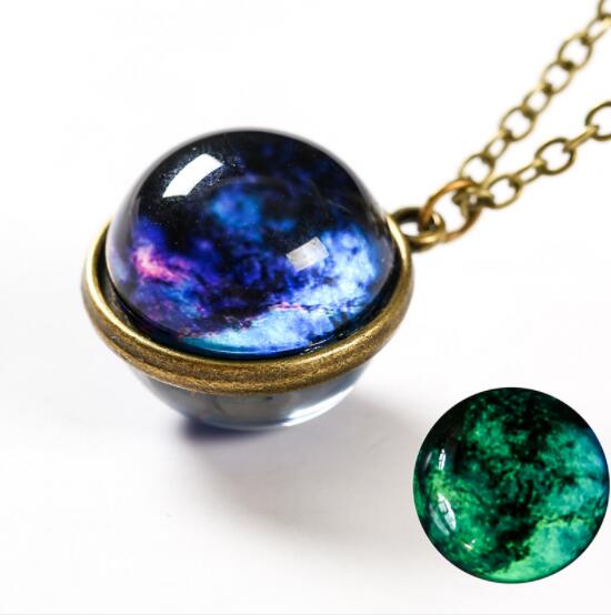 Ahmed Unisex Glow In The Dark Moon Necklace Galaxy Planet Glass Cabochon Pendant Necklace Vintage Luminous Jewelry Women Gifts