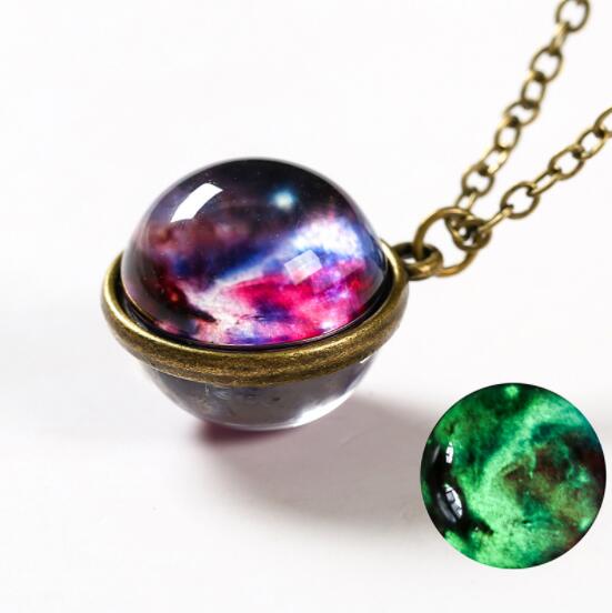 Ahmed Unisex Glow In The Dark Moon Necklace Galaxy Planet Glass Cabochon Pendant Necklace Vintage Luminous Jewelry Women Gifts