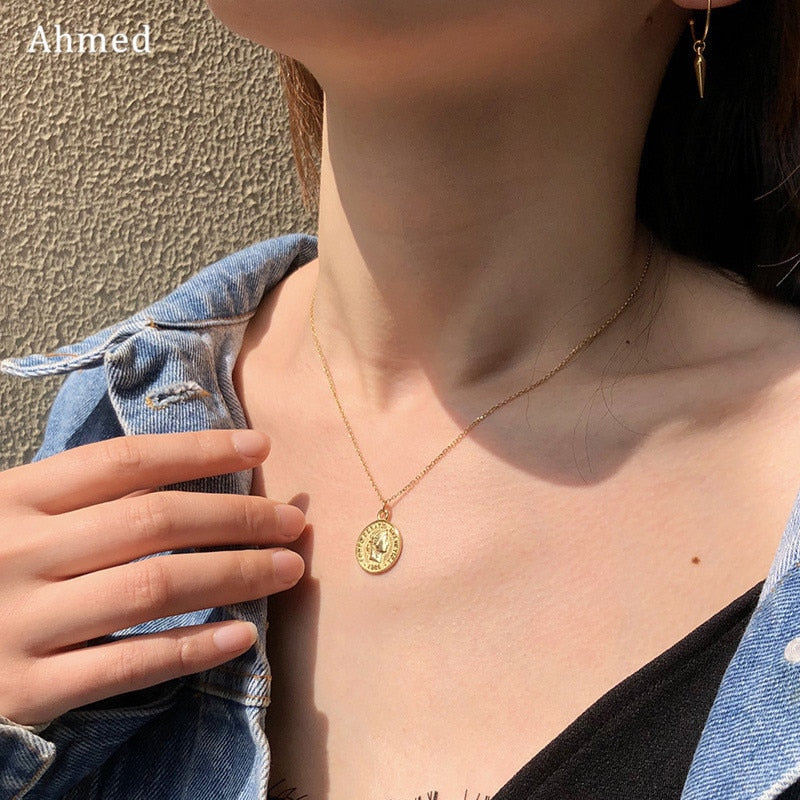 Ahmed Vintage Coin Pendant Necklaces for Women Figure Long Choker Necklace Gold Silver Color Statement Jewelry Gift