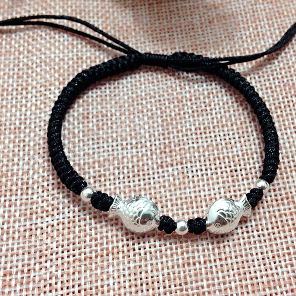 925Sterling Silver Bracelet Lovely Fish Lucky Blessing Red Rope Bracelet Handmade Bangle Wax String Amulet Jewelry