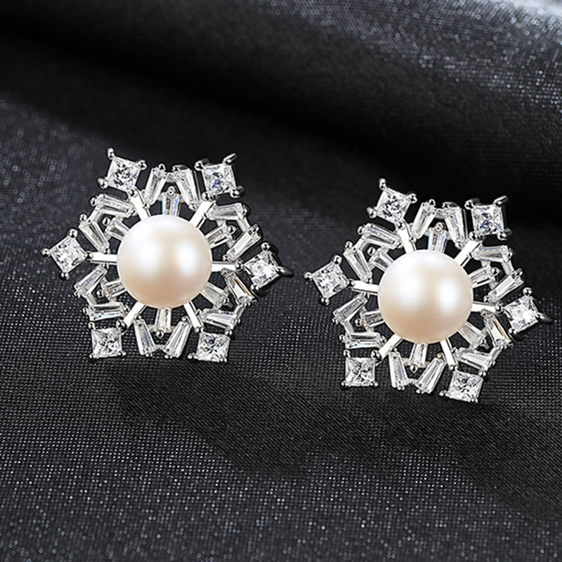 Brand Luxurious Snowflakes Earring for Women 925 Sterling Silver Pearl Stud Earrings Boucles D'oreilles Pour Les Femmes