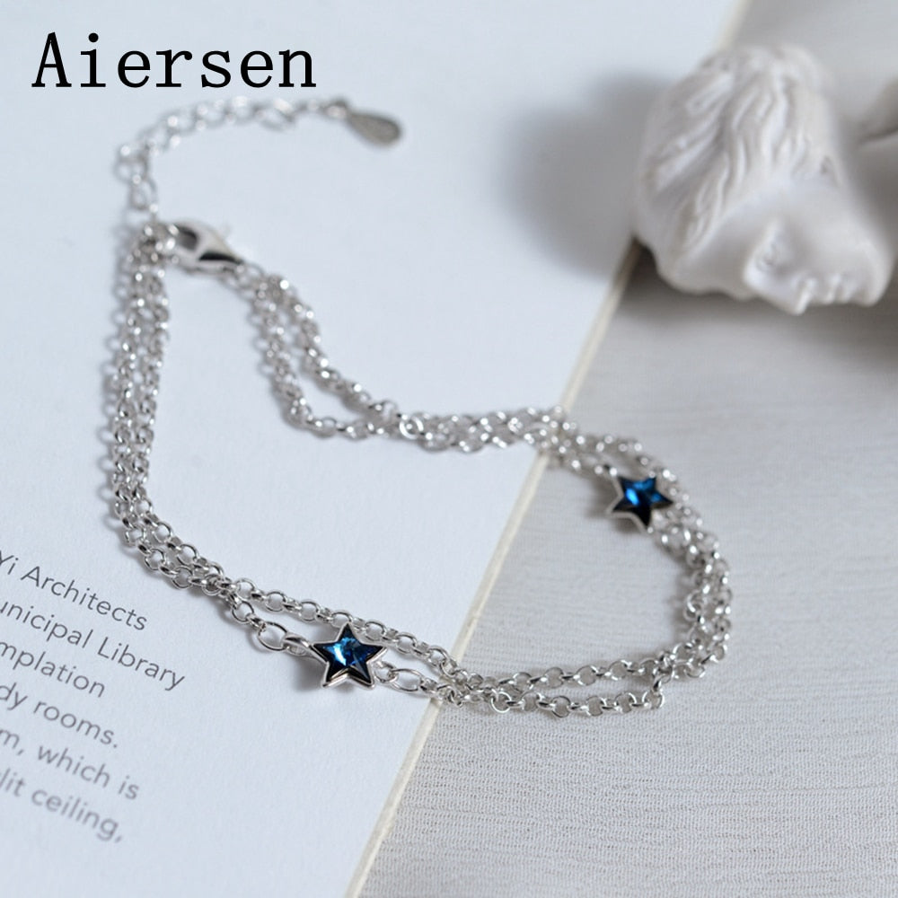 Double Layer Blue Crystal Bracelet Pentagram Five Star Genuine S925 Silver Bracelets for Girl Friend Best Gifts Jewelry