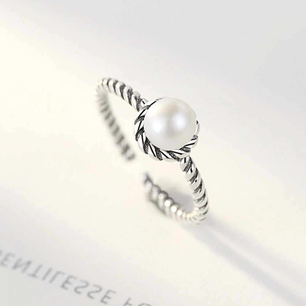 Korean Retro Whorl Women's Ring Fashion Thai Silver 925 Resizeable Ring Female Pearl Screw Thread Design Anello Donna