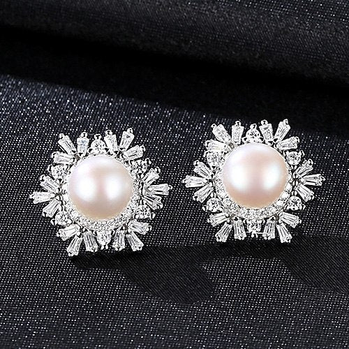 Luxurious Women's Stud Earrings Female Snowflake Earring 925 Sterling Silver Jewelry Natural Pearl for Women Aretes 2020