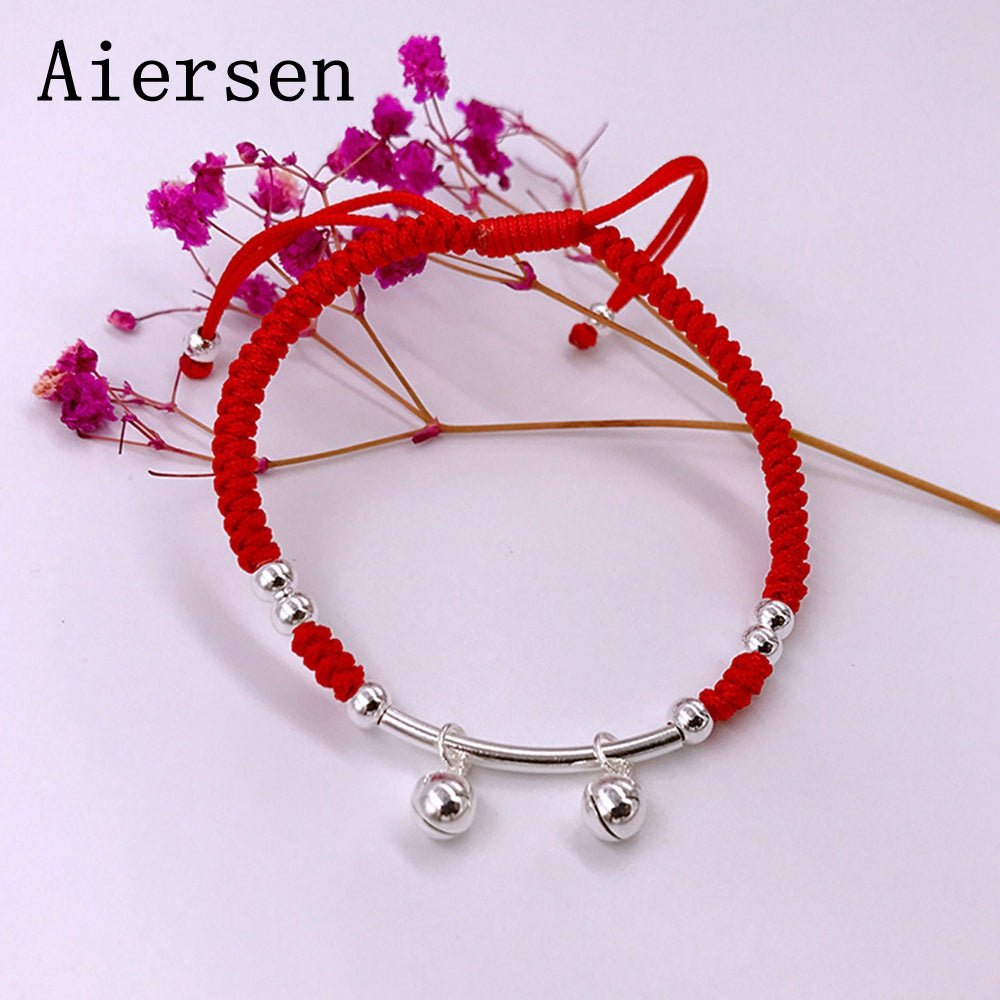 Real 925 Sterling Silver Sterling Silver Bead Bracelet Bell Bracelet Amulet Handmade Lucky Red Rope DIY Bangle