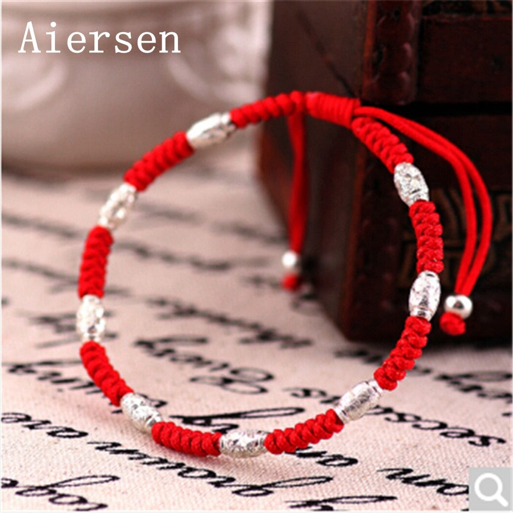 Real Sterling Silver Blessing Lucky Red Bracelet Wax String Amulet Handmade Fortune Bangle Jewelry