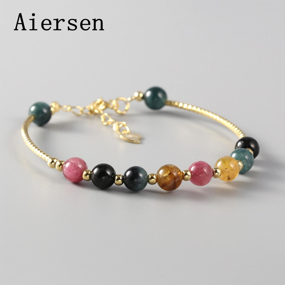 S925 Silver Tourmaline Bracelet Female Colorful Bangle Fashion Crystal Gemstone Bracelets for Women Bizuteria Srebrna
