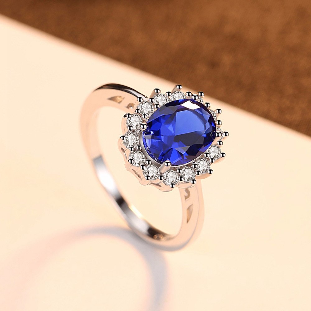 Women's Rings Princess Diana William Kate Middleton's Created Blue Sapphire Elegant Women Ring Real 925 Sterling Silver