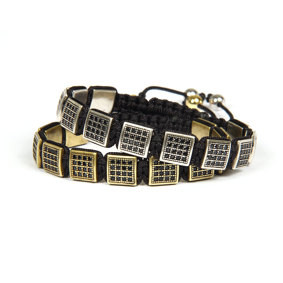 Mens Jewelry Wholesale 10pcs/lot Antique Gold and Silver Micro Pave Black Cz Flatbead Macrame Sqaure Bracelet