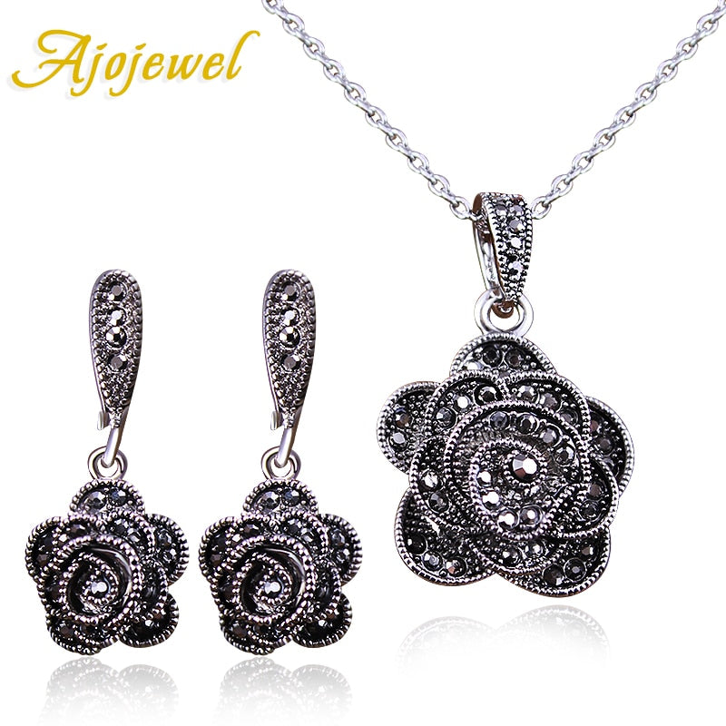 Brand Parure Bijoux Elegant Crystal Rose Flower Necklace Earrings Black Vintage Jewelry Sets For Women