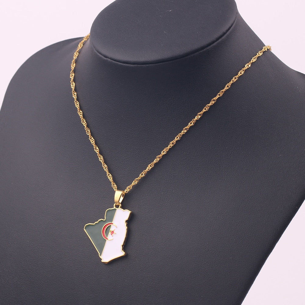 Algeria Map & Flag Necklace Gold Color Enamel Map Pendant Chain necklaces Trendy Jewelry Maps of Algeria Ethnic Gifts Bijoux