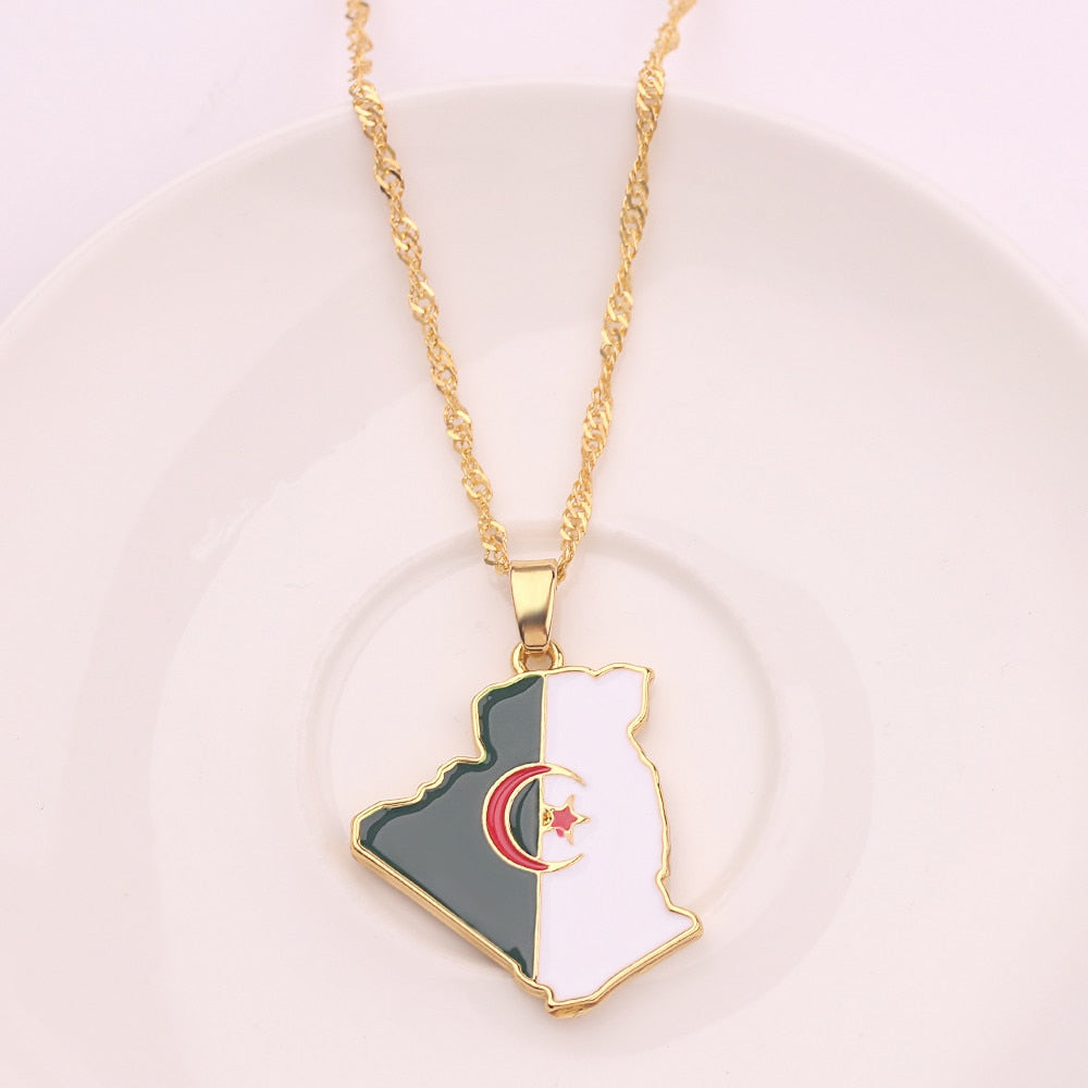 Algeria Map & Flag Necklace Gold Color Enamel Map Pendant Chain necklaces Trendy Jewelry Maps of Algeria Ethnic Gifts Bijoux