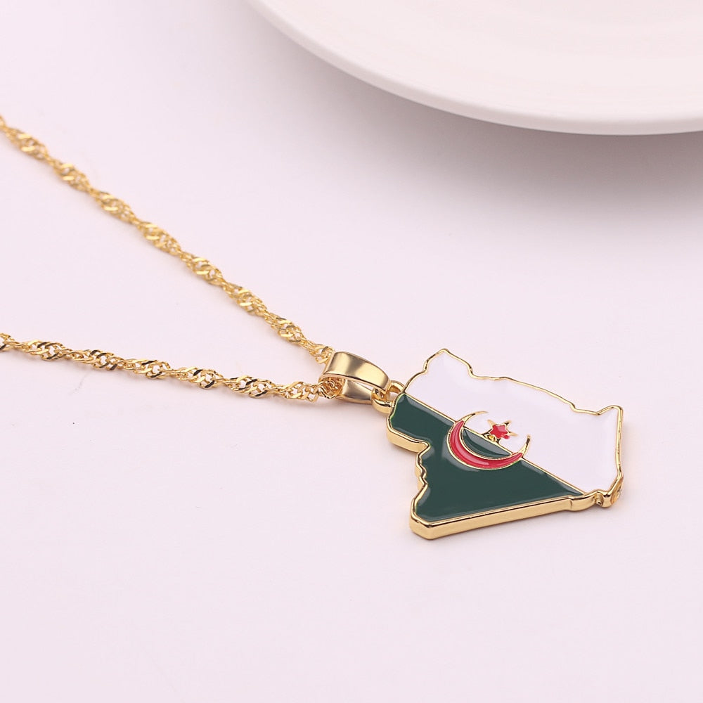 Algeria Map & Flag Necklace Gold Color Enamel Map Pendant Chain necklaces Trendy Jewelry Maps of Algeria Ethnic Gifts Bijoux