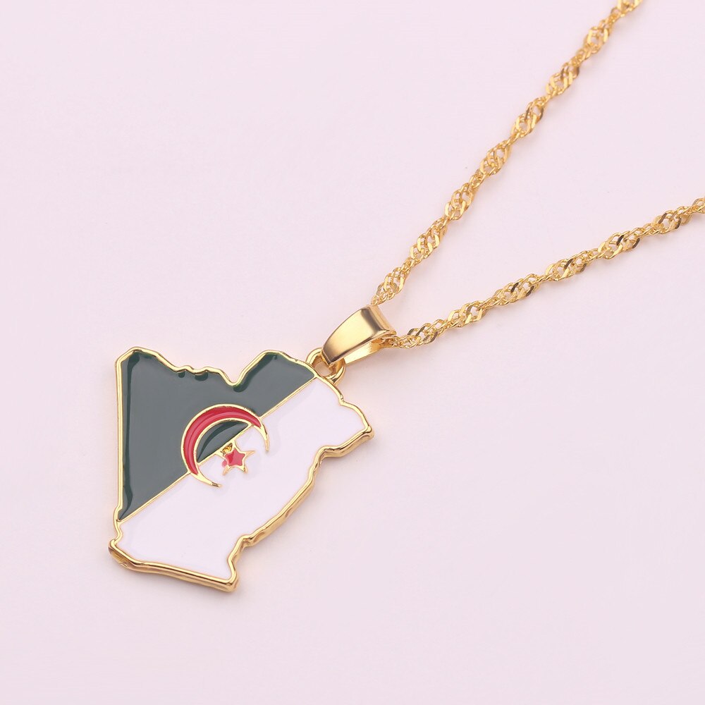 Algeria Map & Flag Necklace Gold Color Enamel Map Pendant Chain necklaces Trendy Jewelry Maps of Algeria Ethnic Gifts Bijoux