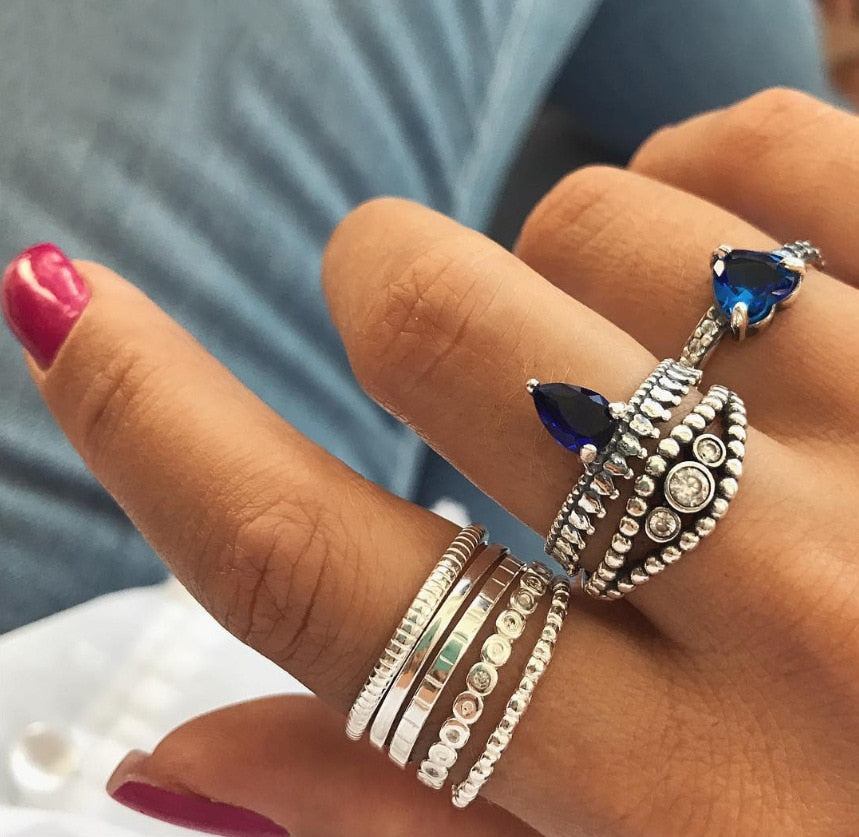 AliExpress new European and American foreign trade retro gem diamond set ring blue love water drop 8 piece set ring