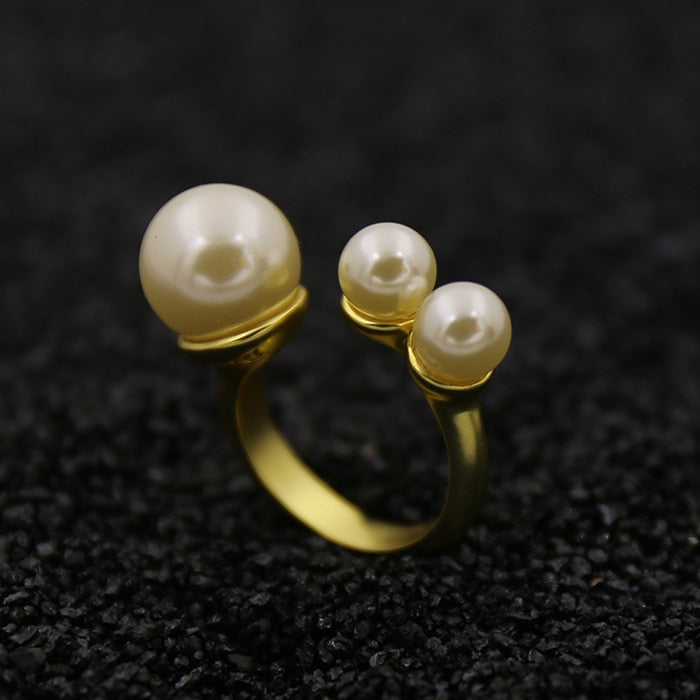 Aliexpress Hot Sell Pearl Cuff Fashion Rings For Women Lady Girl Gift Bague Yellow Gold Inl Copper Ring Charm Wedding Jewelry