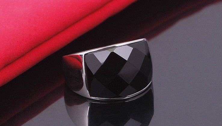 Aliexpress sale Black Austrian Crystal 20mm wide white gold color women men couple rings titanium steel aneis for party wedding