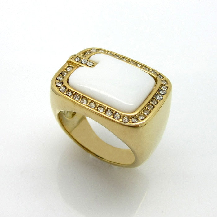 Aliexpress sale party wedding rings square semi-precious yellow gold color rhinestone austrian crystal anel couple ring jewelry