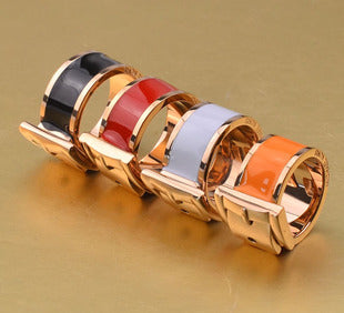 Aliexpress sale unique design belt rose gold color black/whtie enamel women men couple rings titanium steel for party wedding