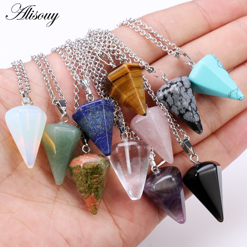 Alisouy 1 piece Natural Stone Pendant Necklaces For Women and Men Cone bullet Style Sweater Necklace Jewelry