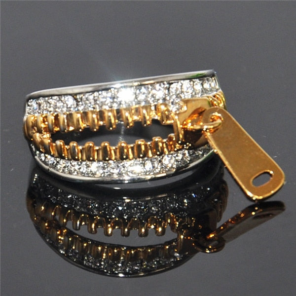 Hotsale Size 6 7 8 9 Sepcial Design Gold White Color Sexy Zipper Rings For Women Rhinestones Austria Crystal Rings