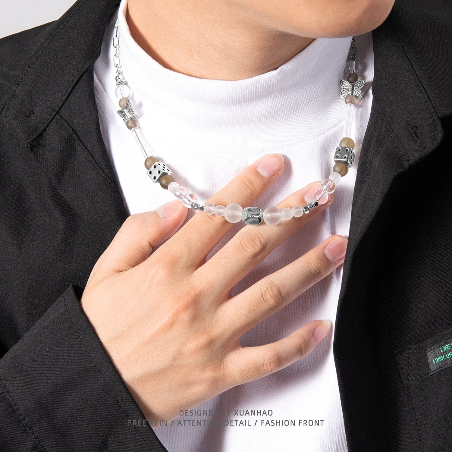 All-match Transparent Beads Couples Necklaces Hip Hop Punk Stainless Steel Chain Butterfly Dice Sweater Chains Men Women Jewelry