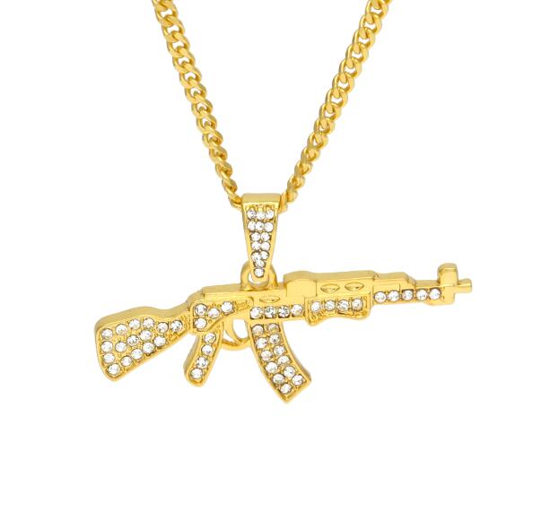 Alloy AK47 Gun Pendant Necklace Iced Out Rhinestone With Hop Miami Cuban Chain Gold Silver Color Men Women Jewelry