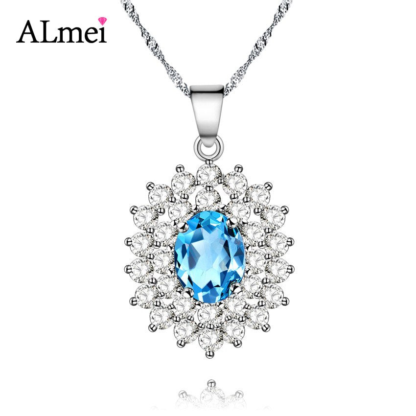 0.8CT Natural Blue Topaz Princess Diana Wedding Pendant Necklace Female Pure 925 Sterling Silver Jewelry with Box 10%CN001