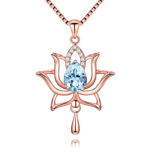 1.2ct Rose Gold Color Lotus Flower Light Sky Blue Topaz Pendant Necklace 925 Sterling Silver Jewelry with Box Chain CN054