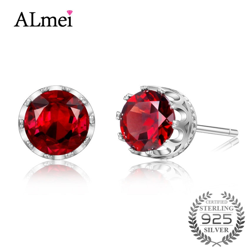 100% Real 925 Sterling Silver Earrings for Women Jewelry Luxury 1.7ct Round Garnet Stud Earring Gifts with Box 10% CR001