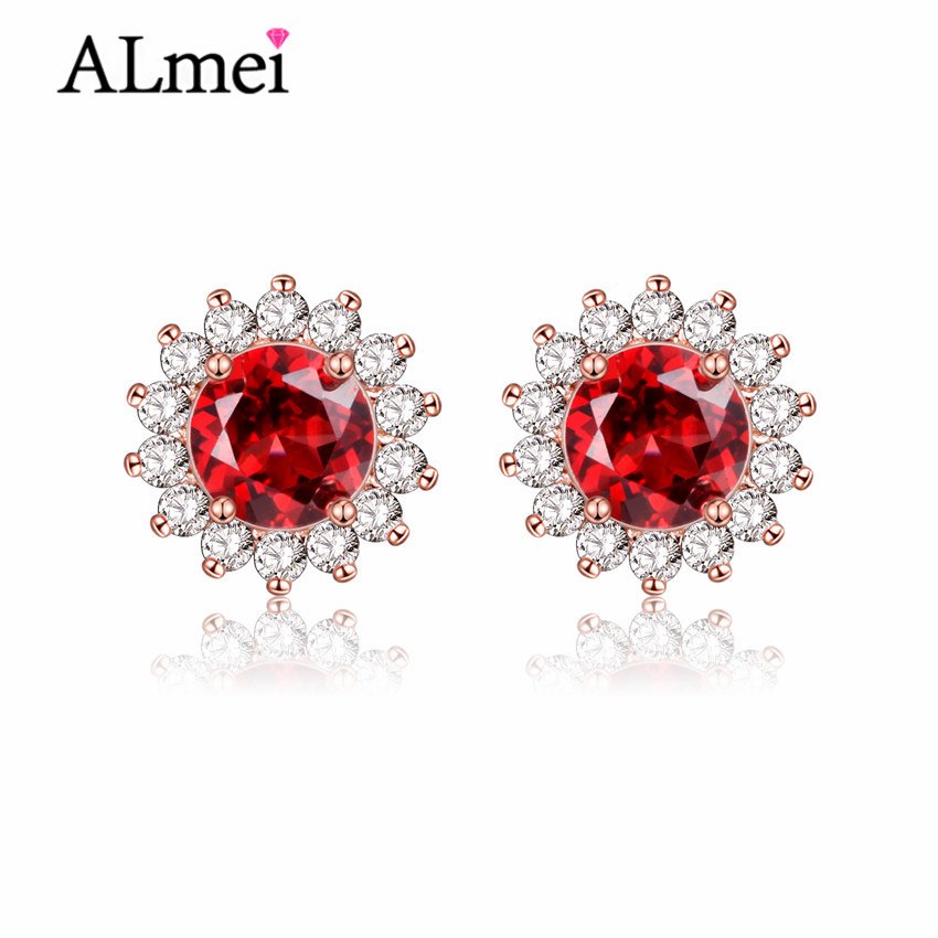 1ct Garnet Crystal Earrings Women Rose Gold Color 925 Sterling Silver Jewelry Flower Red Stud Earrings Free Box 40% FR005