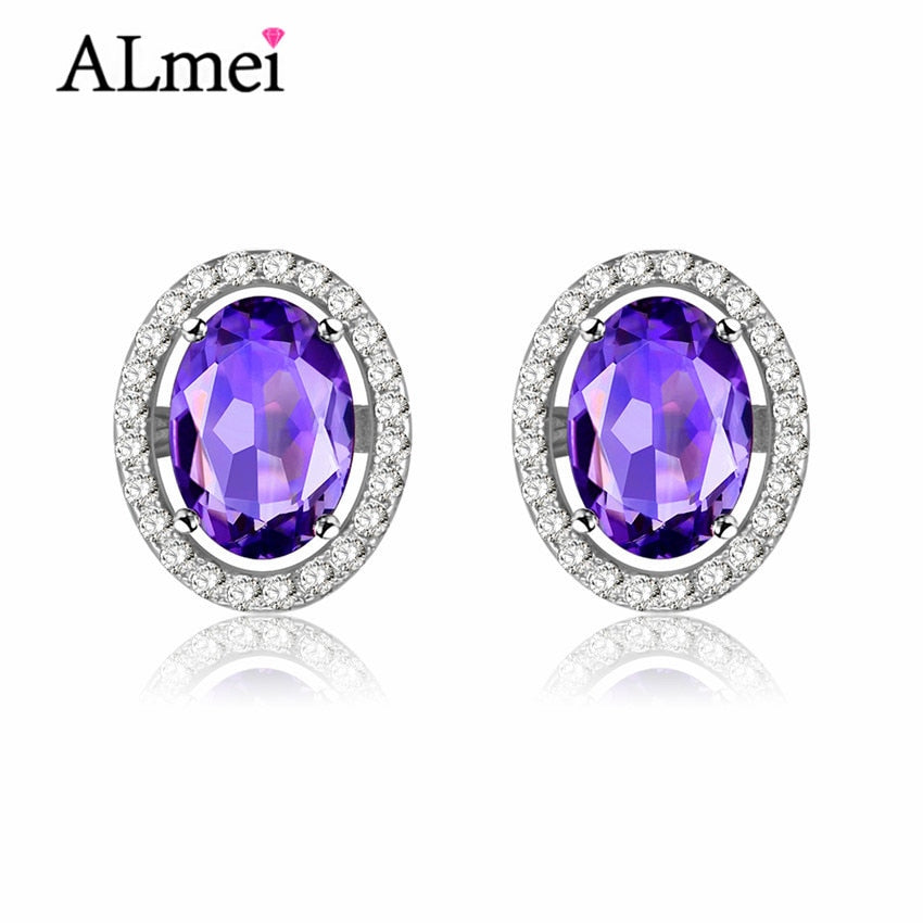 1ct Oval Purple Amethyst Silver Color Stud Earring 925 Sterling Silver Party Fine Jewelry for Women Free Gift Box 40%FR020