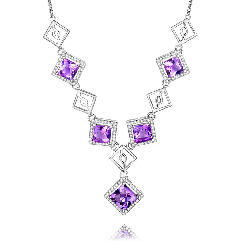 1ct Square Purple Amethyst With Tiny Austrian Crystal Surround Pendant Necklace for Valentine' Gift Free Box 40%FN051