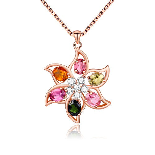 2.4ct Tourmaline Vintage Antique Silver 925 MultiColor Crystal Beads Big Flower Pendant Jewelry Necklace with Box CN026