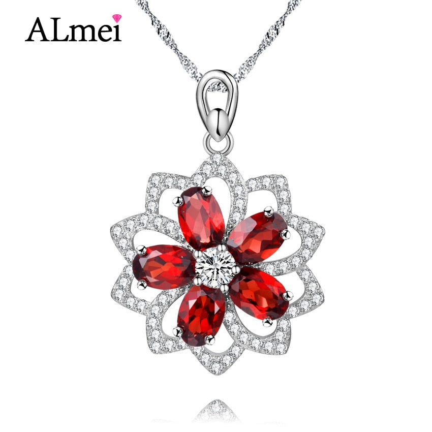 2.5CT Red Garnet Gemstone Sunflower Pendant Suspension Necklace Real 925 Sterling-Silver-Jewelry for Wedding Gift10% CN004