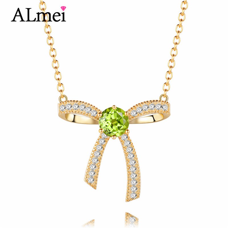 2020 Silver 925 1ct Peridot Gold Color Bowknot Shape Charm Necklace Vintage Jewelry for Women Gift with Box 40% FN027