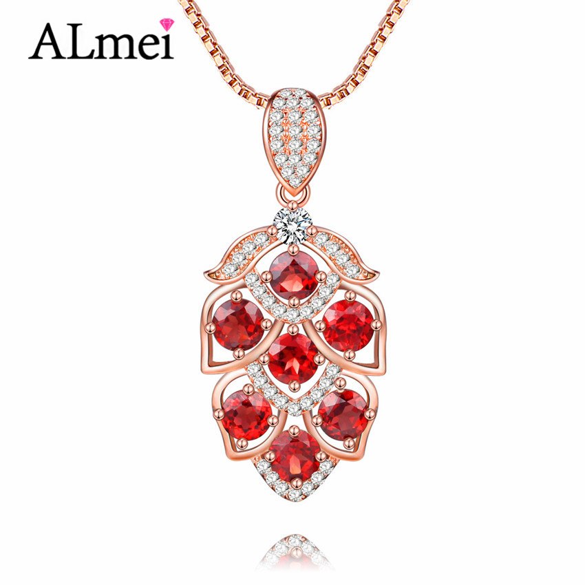 2020 Women 2.8ct Natural Garnet Red Flower Pendant 925 Sterling Silver Rose Gold Wedding Necklace Jewelry Chain Box CN006