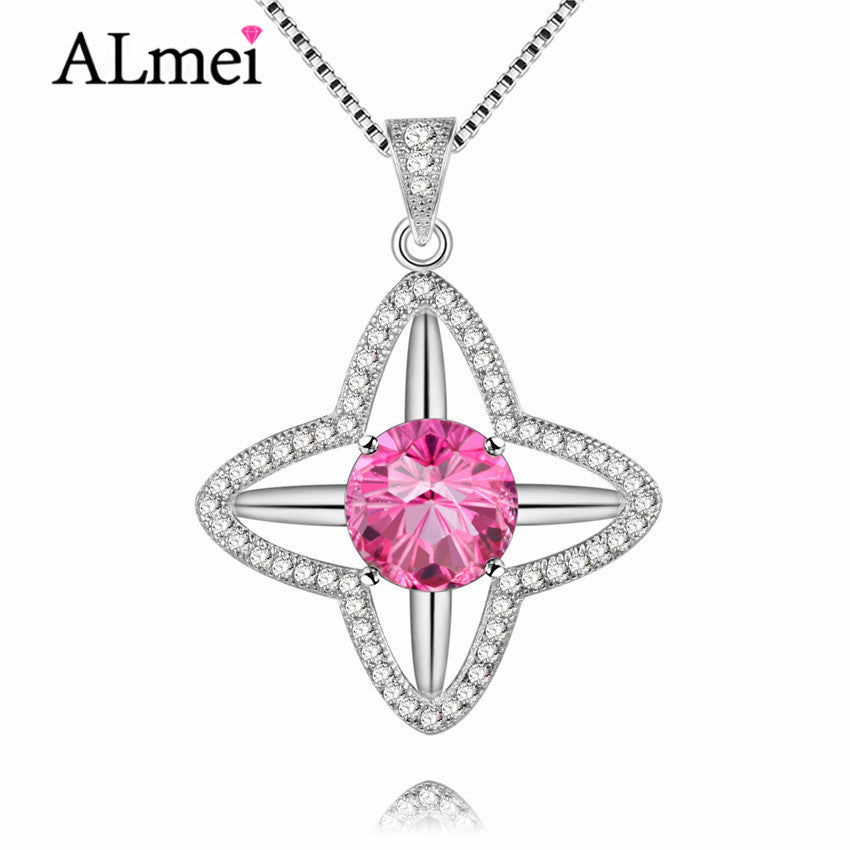 2020 Women 925 Sterling Silver Necklace Red Topaz Four Point Star Pendant Necklaces Party Jewelry Gift Free Box 40% FN021