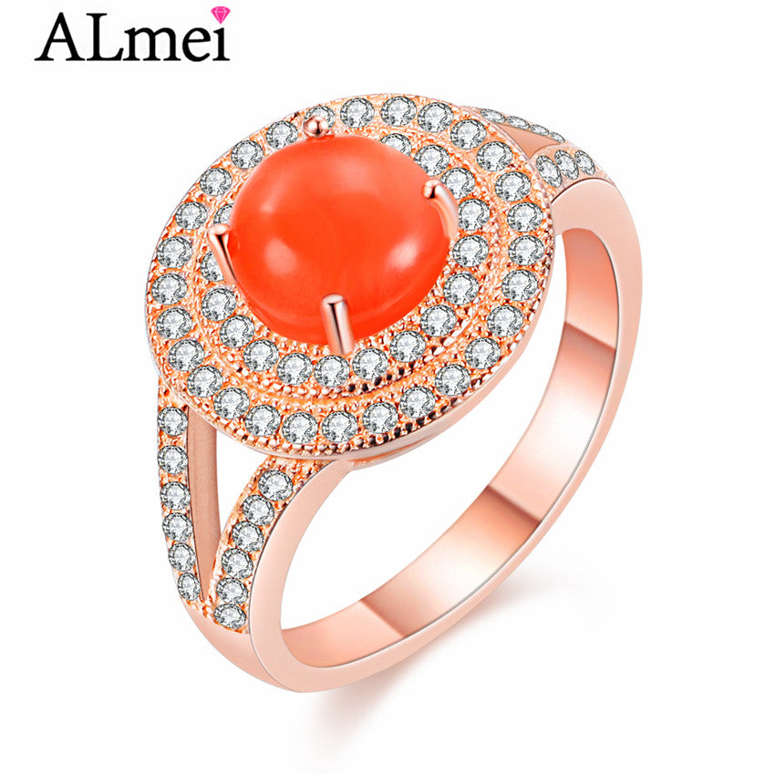 2ct Orange Natural Agate Halo Wedding Rings Women Rose Gold Color African Beads 925 Sterling-Silver-Jewelry with Box CJ025