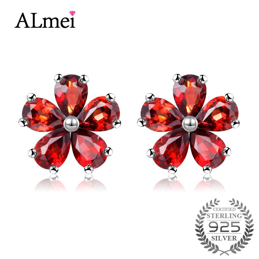2ct Red Garnet Flower Stud Earring Female 925 Pure Sterling Silver Small Lovely Earrings Anti-allergic with Box 10% CR003