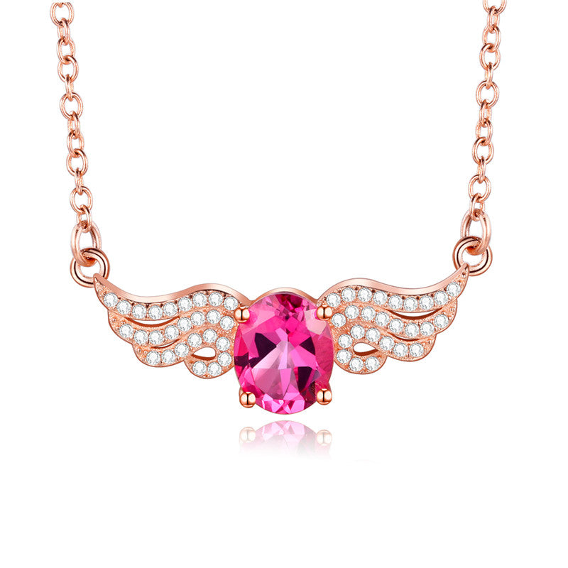 2ct Red Topaz Women Angel Wings Pendant Necklace Silver 925 Rose Gold Color Plated Wedding Party Jewelry with Box 40%FN055