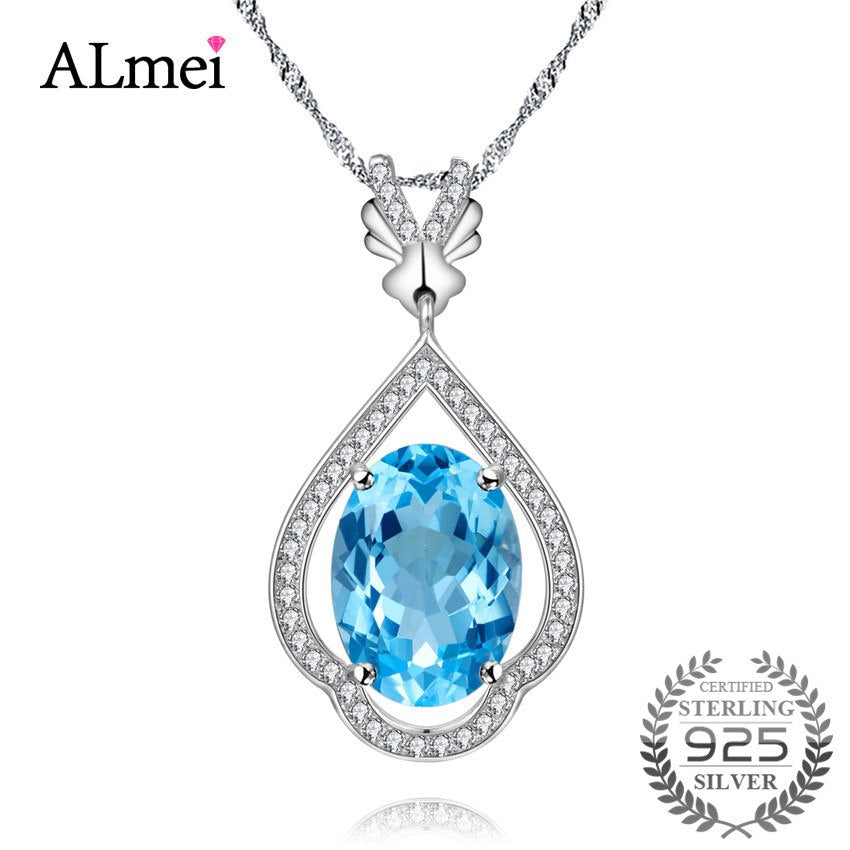 5CT 925 Sterling Silver Natural Blue Oval Topaz Statement Pendant Women Necklace Silver Zircon-Jewelry with Box 10% CN003